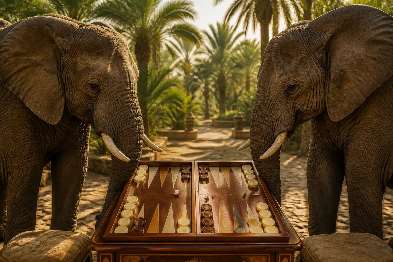 Elephants at a backgammon board